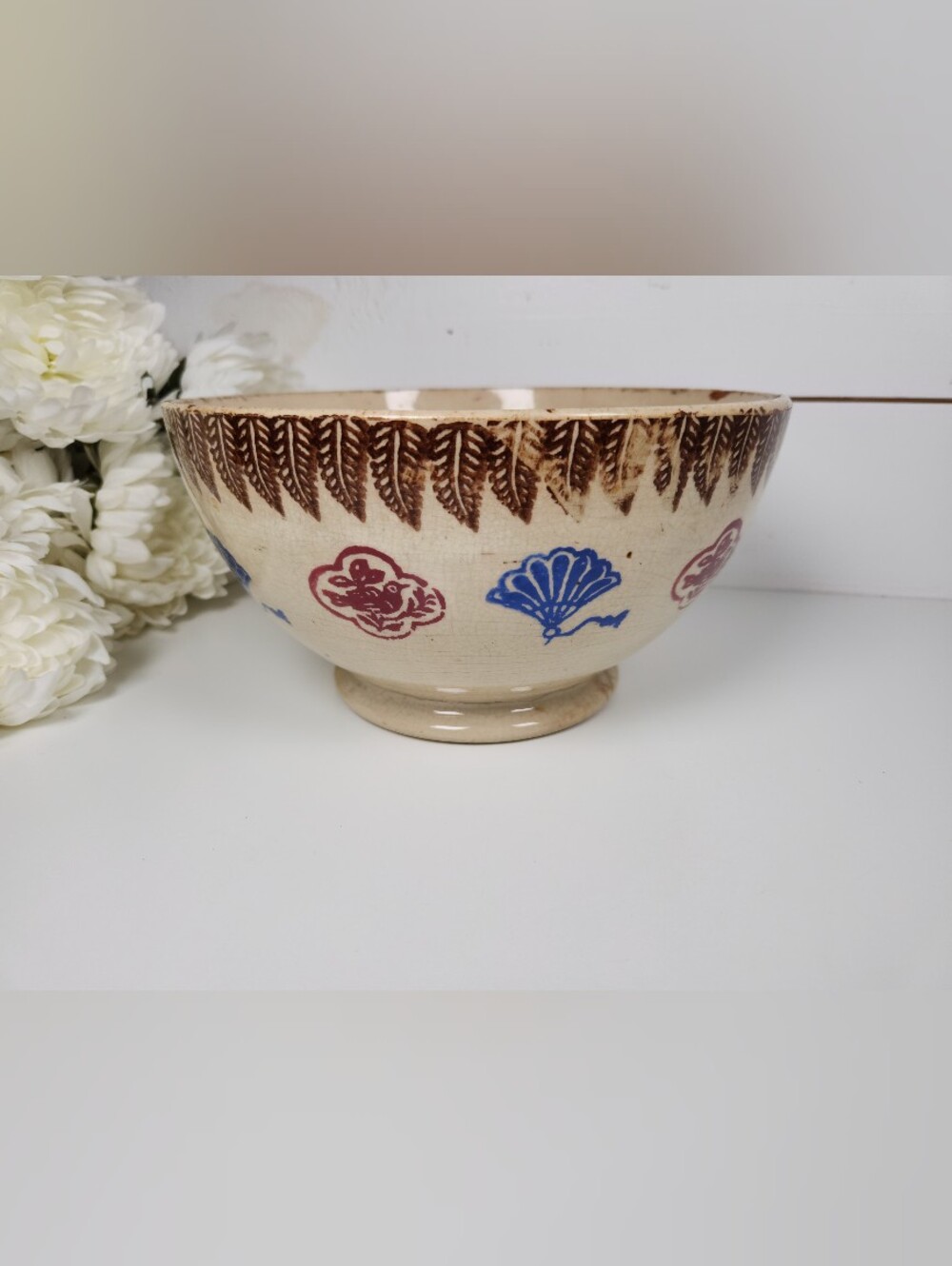 Antique Crazed Stained Stoneware Mixing Bowl | Vintage Transferware Bowl, 9.25"